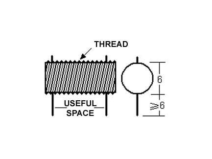   Insulated threaded screw coil support, useful space 5.7 mm, maximum 4.5 turns, wire Ø max 0.6 mm, max.inductance about 100 nH