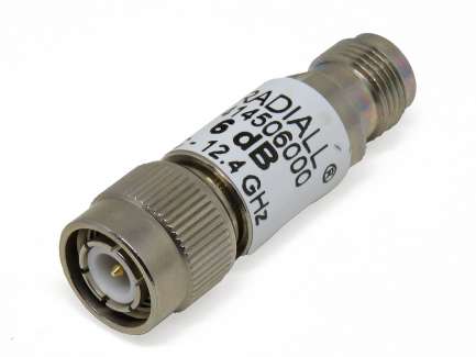 Radiall R414506000 TNC coaxial attenuator, 6 dB, 2 W, 12.4 GHz